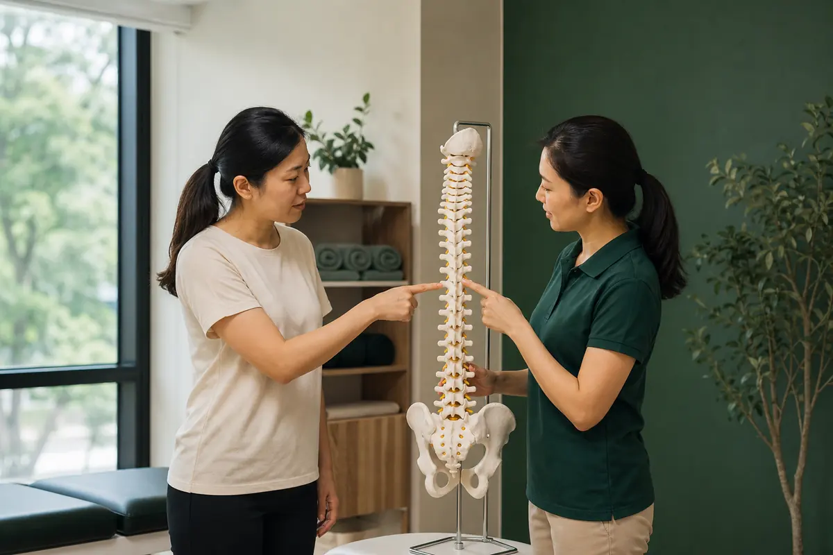 A physiotherapist explaining a musculoskeletal condition