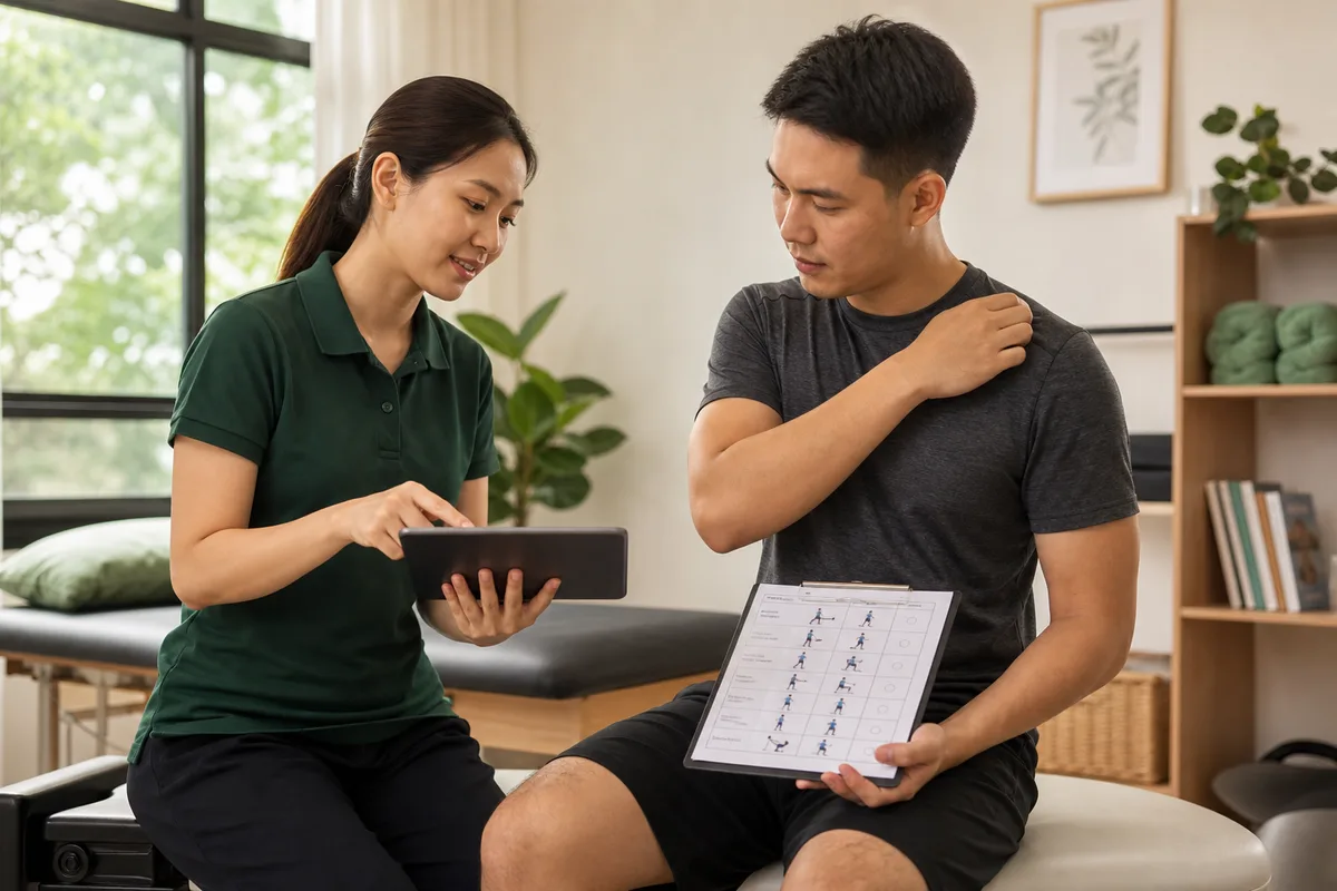 A physiotherapist demonstrating a digital assessment tool