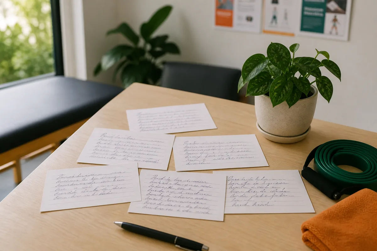 Anonymous feedback cards beside rehabilitation equipment