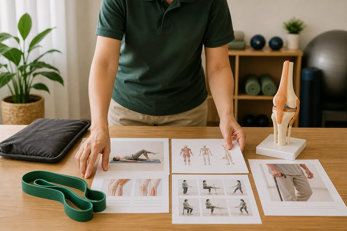 Practical physiotherapy resources arranged on a table