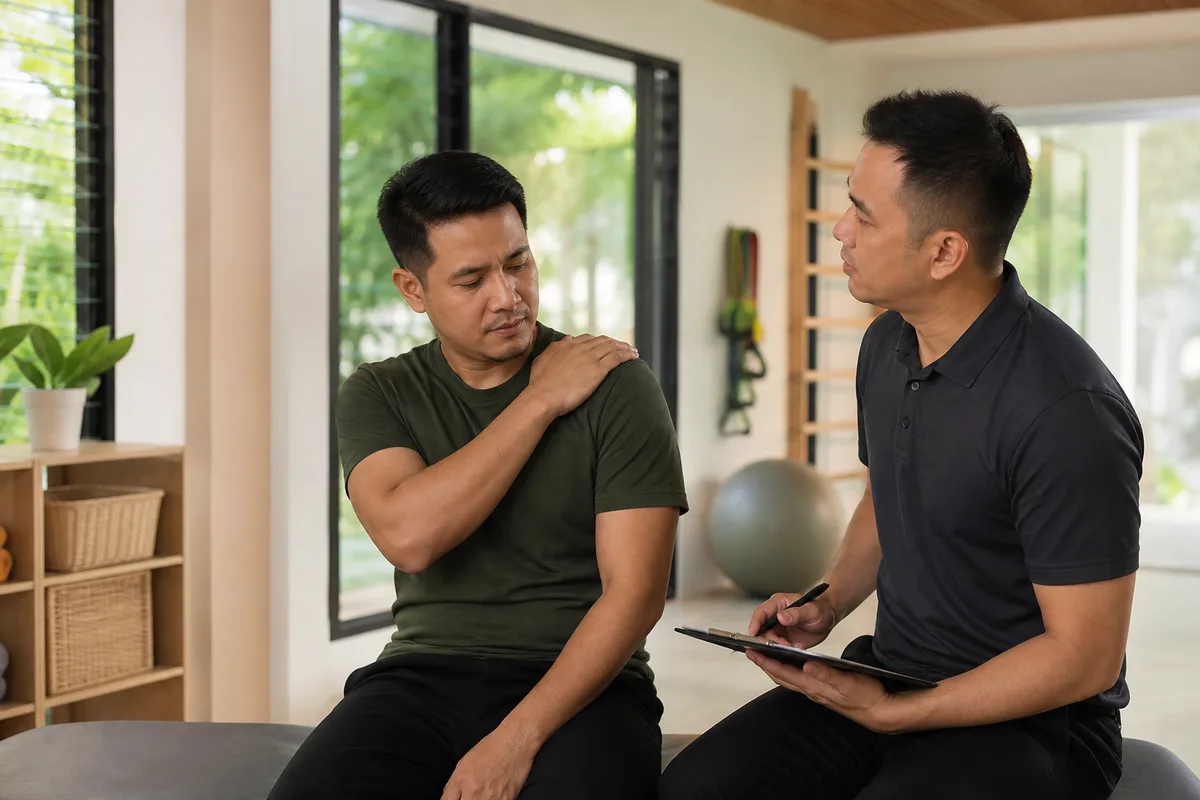 A patient discussing a shoulder symptom with a physiotherapist