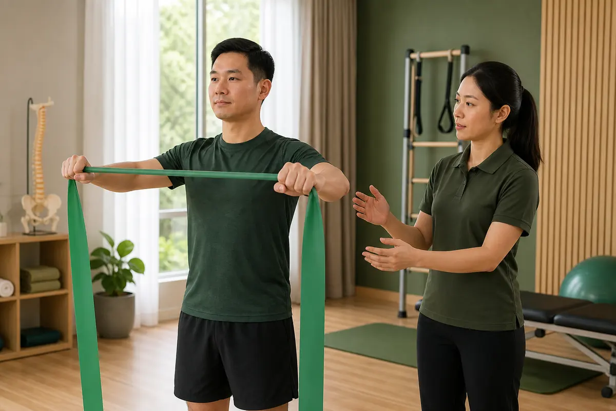 A physiotherapist explaining rehabilitation treatment options